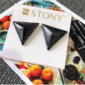 Black 3D Stony Triangle Earrings with Black Rhinestone Detail
